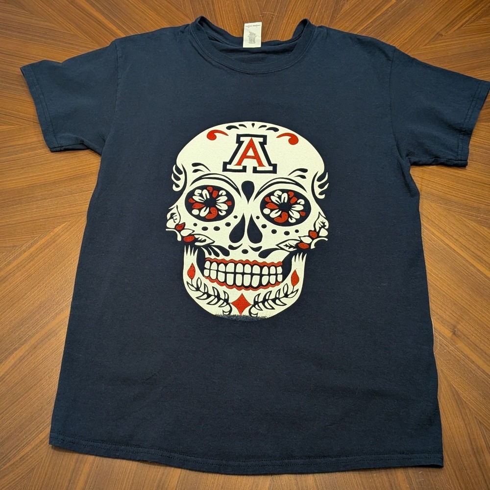Gildan T-Shirt Women Medium Navy Blue Excellent Arizona Sugar Skull Graphic Tee
